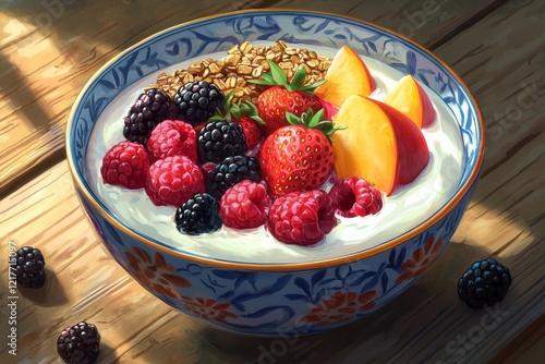 Delicious yogurt bowl topped with fresh berries and granola on wooden table i...