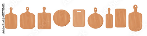 Cartoon Wooden Kitchen Cutting Boards Vector Set. Cutting Boards With Handles, Different Shapes. Wooden Chopping Boards, Kitchen Utensils. Cutting Board Tools, Wooden Cooking Boards Illustration