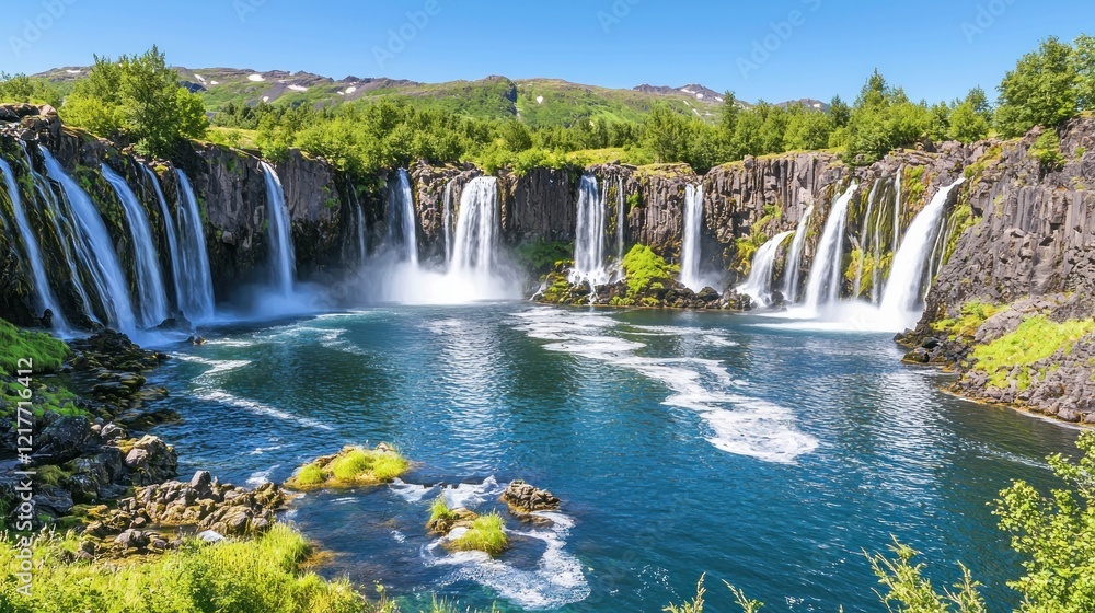 Fototapeta premium Iceland waterfalls cascading, summer, mountains, nature, travel, scenic, poster, tourism