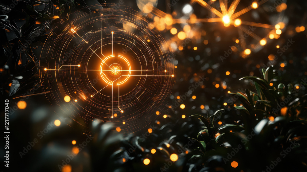 Obraz premium A vibrant display of glowing lights surrounds intricate digital patterns that illuminate a lush garden. The atmosphere is enchanting, creating a dreamlike environment at night.