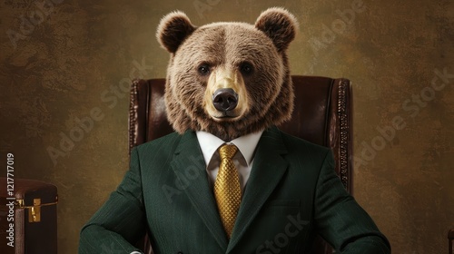 A bear in a business suit sits confidently in a chair, blending animal and corporate themes in a whimsical fashion. photo