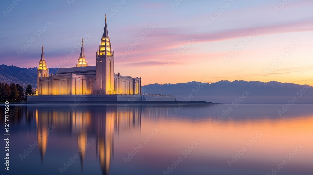 Naklejka premium Serene Sunset Reflection: Idaho Falls Temple's Majestic Beauty