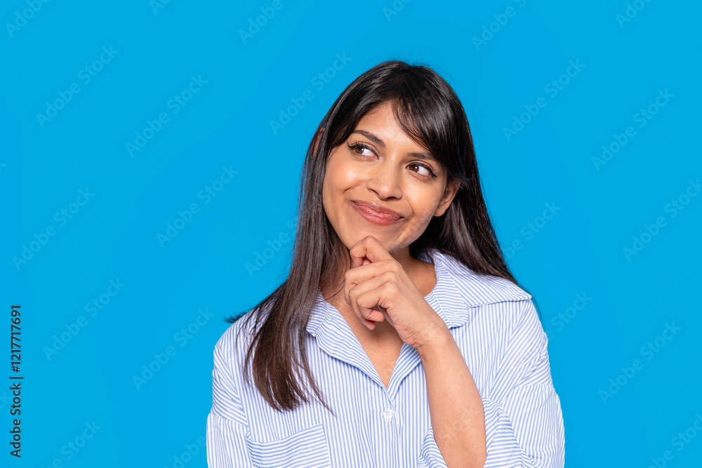 Woman showing a thoughtful expression against a blue background during a creative moment Woman showing a thoughtful expression against a blue background during a creative moment
