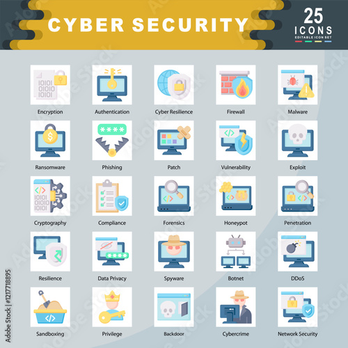 Cyber Security icon set containing Encryption, Authentication, Cyber Resilience, Firewall, Malware, Ransomware, Phishing, Patch, Cryptography, Compliance icon. Simple flat vector
