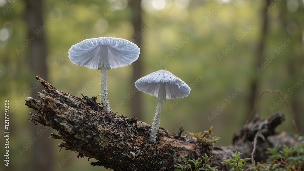 Pale blue Mycena cyanopus mushroom on decaying branch in soft morning light Pale blue Mycena cyanopus mushroom on decaying branch in soft morning light