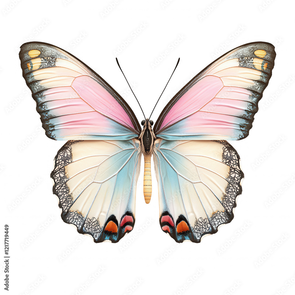 Fototapeta premium A vibrant butterfly displaying intricate patterns and soft pastel colors, showcasing its wings in a symmetrical open position, Transparent Background.