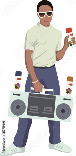 Cool Urban Man with Boombox and Spray Paint Cans - Hip Hop Street Art Culture