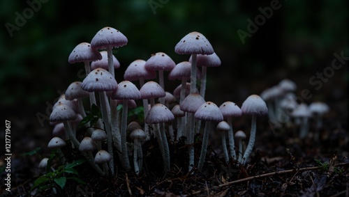 Beautiful white Laccaria amethystina mushrooms in a forest ravine photo