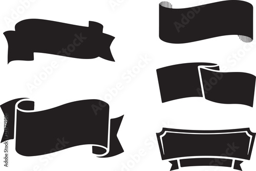 Set of Vintage Ribbon Banner Silhouettes - Black Vector Icons for Design Projects