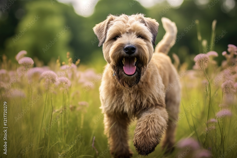 Happy Wheaten Terrier Playing in Meadow. Brown Dog Pet with Grin Full of Joy in Field Happy Wheaten Terrier Playing in Meadow. Brown Dog Pet with Grin Full of Joy in Field