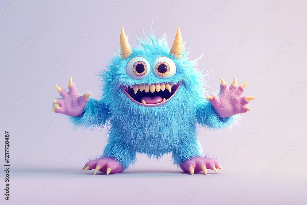 Charming blue fuzzy monster with big, excited eyes, golden horns, and playful pink hands, standing in a welcoming pose on a minimal pastel background. Charming blue fuzzy monster with big, excited eyes, golden horns, and playful pink hands, standing in a welcoming pose on a minimal pastel background.