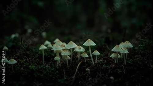 Enchanting Panellus stipticus mushrooms emitting pale green light in dark forest photo