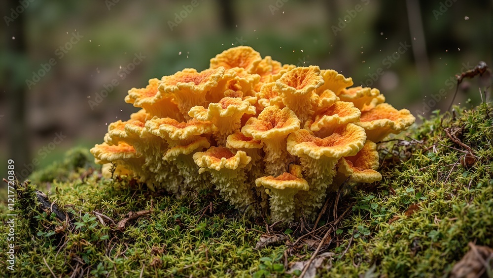 Vibrant Clitocybe nuda mushroom on forest floor with soft moss spores floating Vibrant Clitocybe nuda mushroom on forest floor with soft moss spores floating