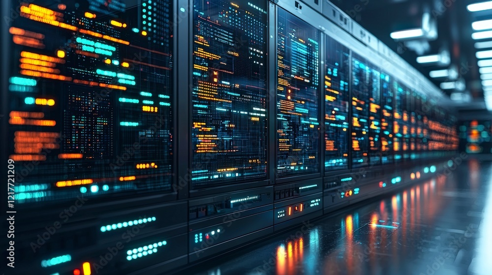 A row of sleek data servers is illuminated with colorful information streams, representing the backbone of technology in our hyper-connected world. A row of sleek data servers is illuminated with colorful information streams, representing the backbone of technology in our hyper-connected world.