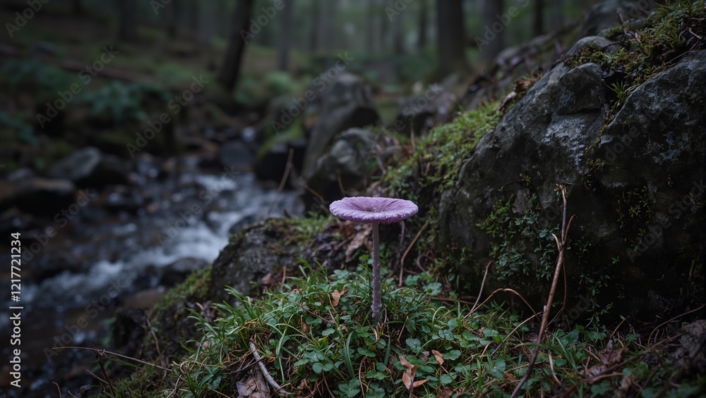 Glowing purple mushroom in dark forest by stream Glowing purple mushroom in dark forest by stream