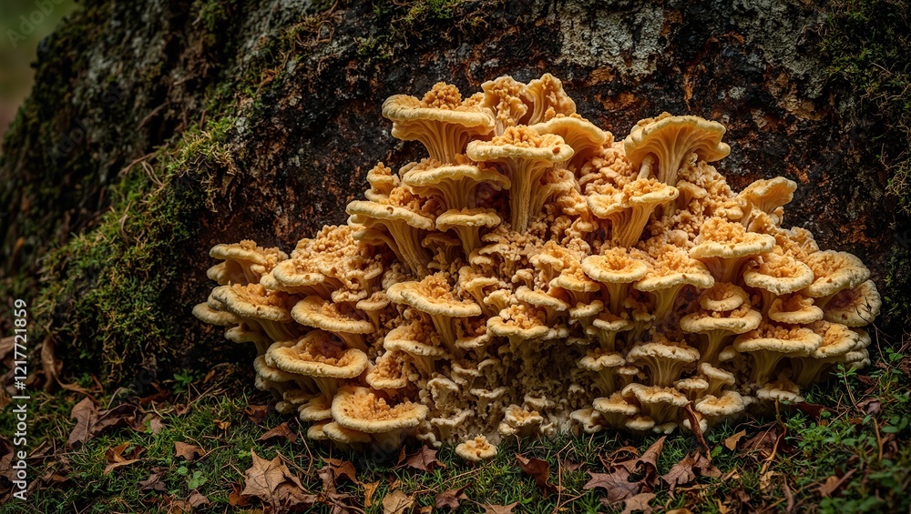 Enchanting cluster of golden brown mushrooms on oak stump moss fallen leaves softly glowing Enchanting cluster of golden brown mushrooms on oak stump moss fallen leaves softly glowing