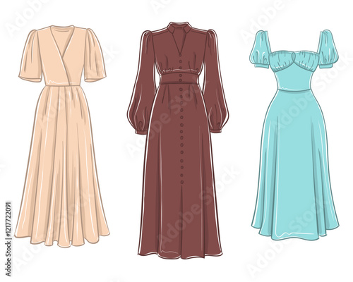 Women's fashion clothing collection. Vector hand-drawn illustrations of beautiful dresses. Fashion dress sketches, isolated on a white background.