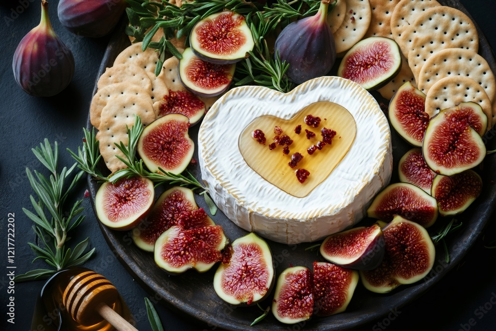 Heart shaped cheese with honey, figs and crackers garnished with rosemary on a dark plate Heart shaped cheese with honey, figs and crackers garnished with rosemary on a dark plate