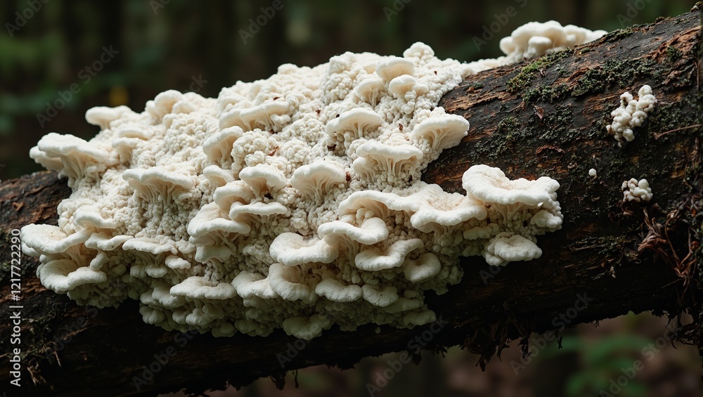Translucent Tremella fuciformis mushrooms on fallen log in forest Translucent Tremella fuciformis mushrooms on fallen log in forest