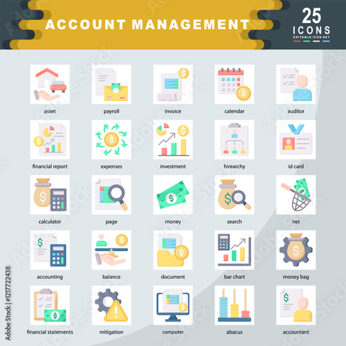 Account Management icon set containing asset, payroll, invoice, financial report, expenses, investment, hirearchy, id card, Management, money, mitigation icon. Simple flat vector