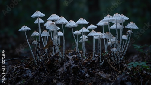 Enchanting Mycena chlorophos mushrooms glowing in forest twilight photo