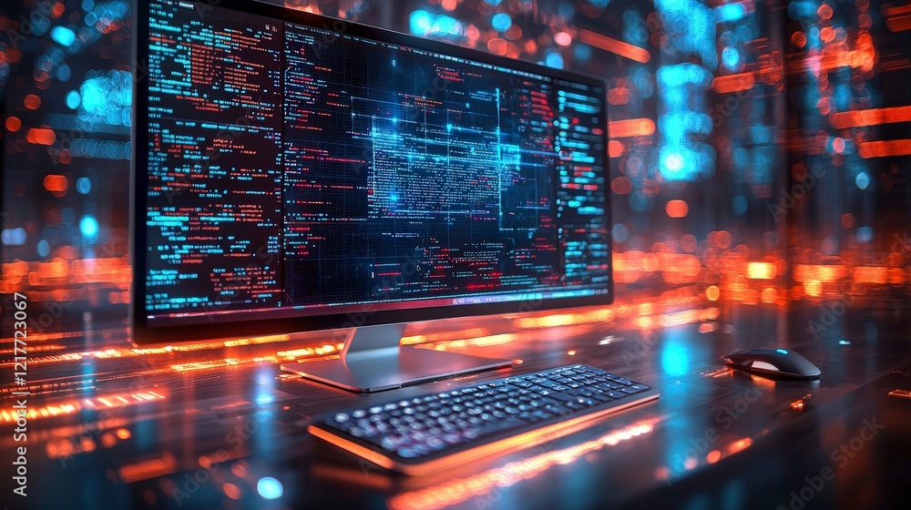 This stunning image features a high-tech monitor surrounded by a vibrant swirl of blue and orange light, representing a futuristic digital flow of information and creativity. This stunning image features a high-tech monitor surrounded by a vibrant swirl of blue and orange light, representing a futuristic digital flow of information and creativity.