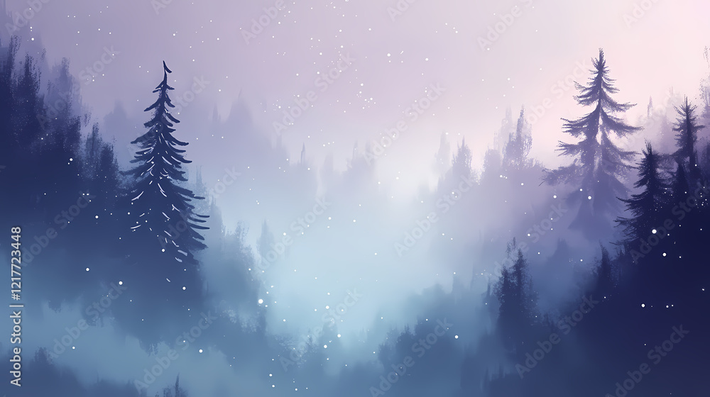 Naklejka premium Enchanted winter forest with snow, shimmering star lights and mysterious fog isolated with white highlights, png. Shimmering Forest. Illustration