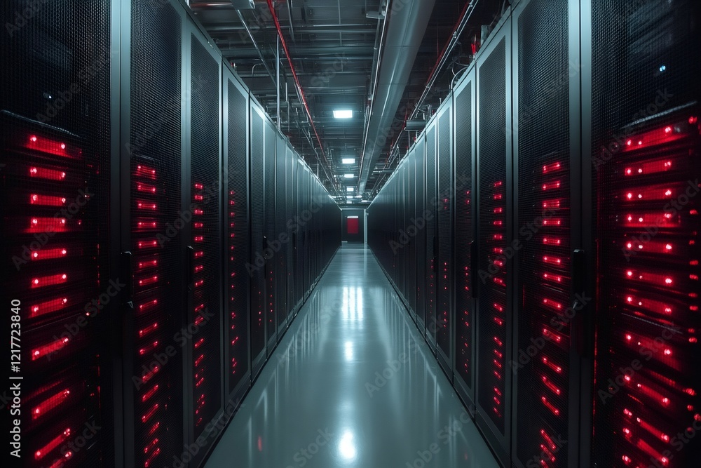 Obraz premium Server racks emitting red light illuminating modern data center corridor