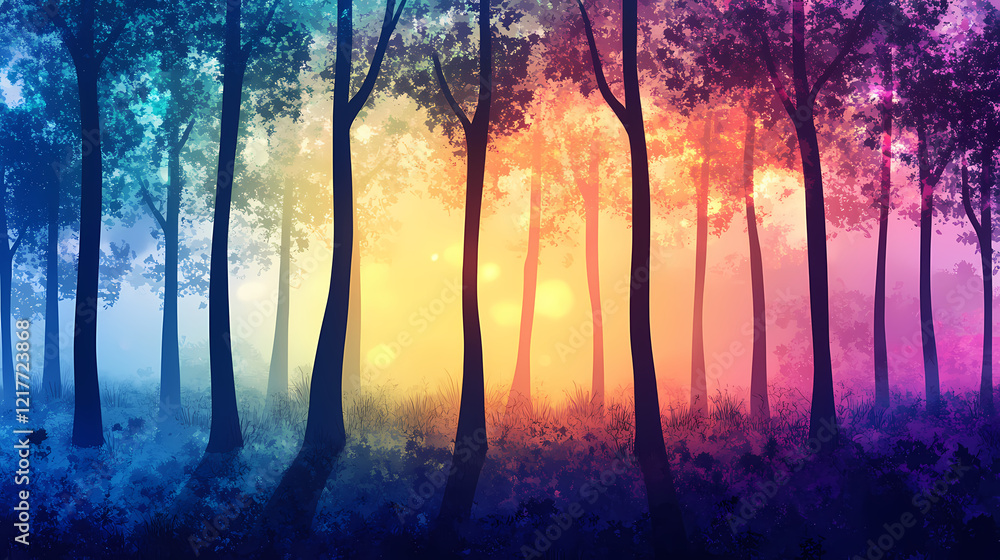 Glowing forest at dusk with tall trees light up by soft ethereal glow, shimmering leaves, glowing trees, tree of life. Shimmering Forest. Illustration Glowing forest at dusk with tall trees light up by soft ethereal glow, shimmering leaves, glowing trees, tree of life. Shimmering Forest. Illustration