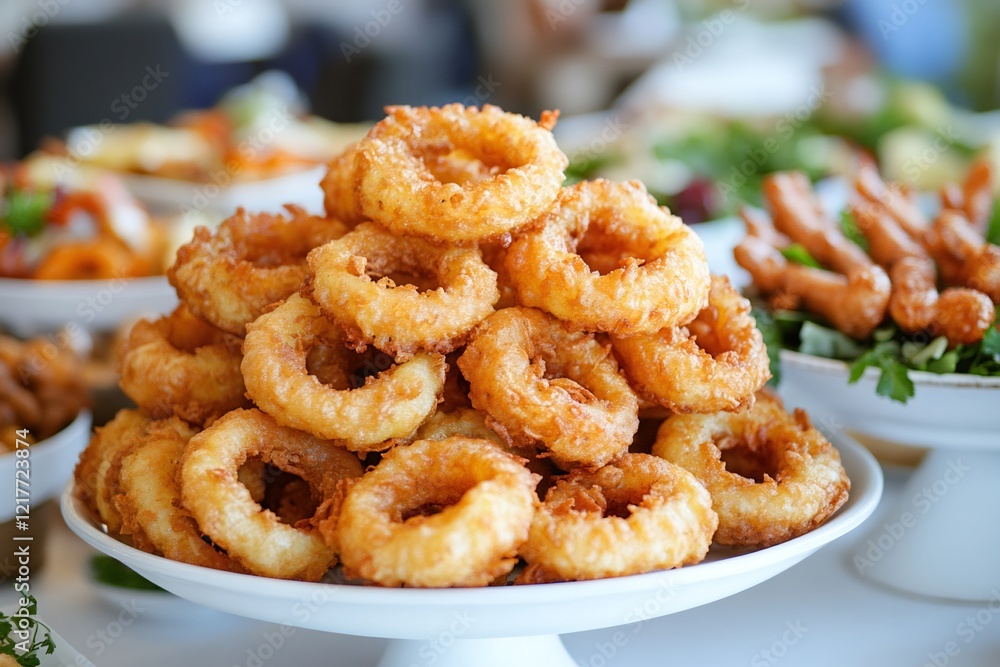 Delicious crispy fried onion rings piled high on platter at a buffet Delicious crispy fried onion rings piled high on platter at a buffet