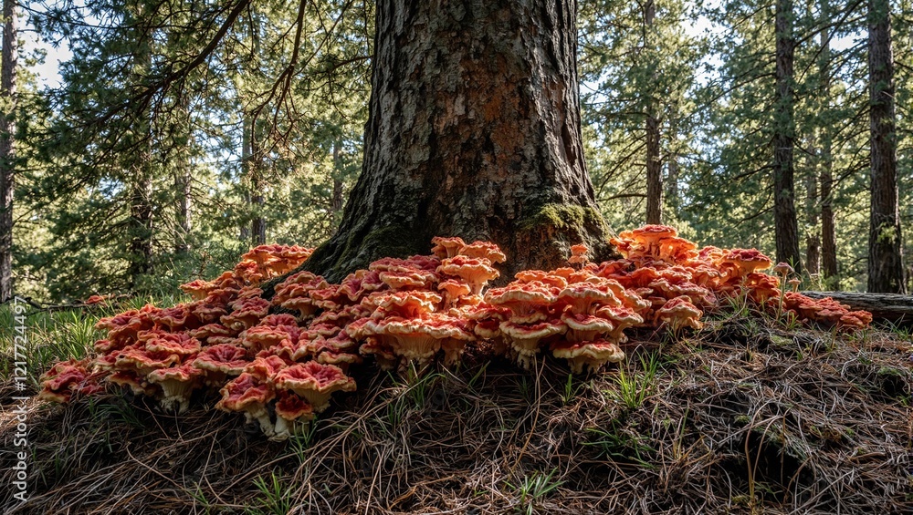 Lush red Amanita mushrooms under pine tree in forest Lush red Amanita mushrooms under pine tree in forest