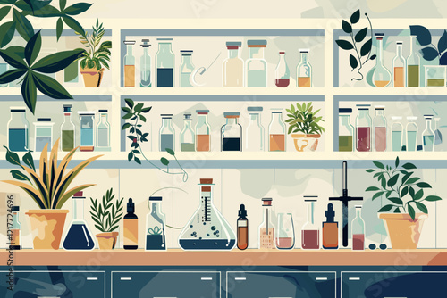 Biology laboratory with plants and biochemistry structures on a green background, highlighting nature and science