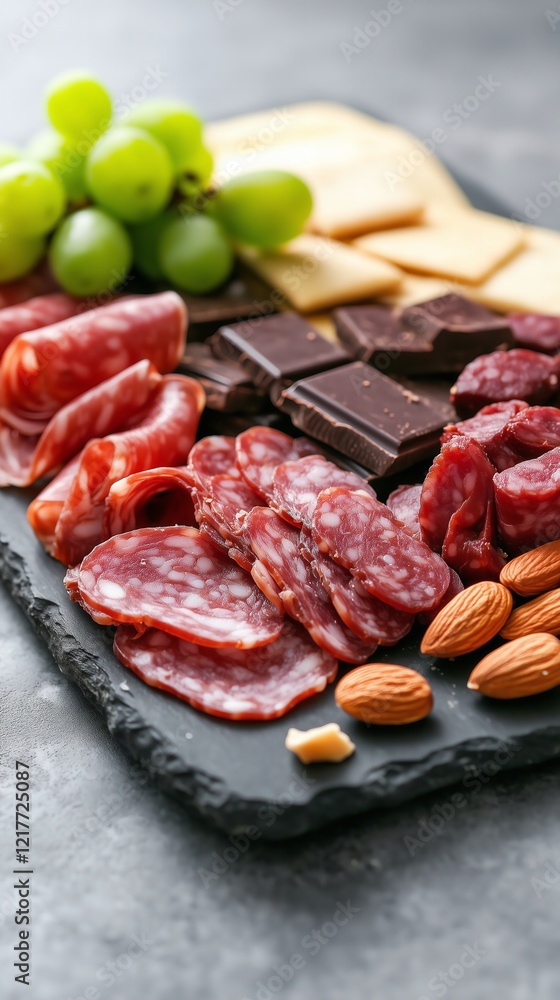 rustic charcuterie brunch board mix of savory and sweet. Dark chocolate chunks, smoky gouda wedges, cracked pepper crackers, and roasted almonds slices of chorizo and juicy green grapes rustic charcuterie brunch board mix of savory and sweet. Dark chocolate chunks, smoky gouda wedges, cracked pepper crackers, and roasted almonds slices of chorizo and juicy green grapes