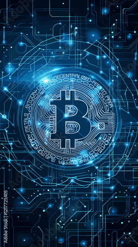 Bitcoin Cryptocurrency with Blockchain Network Connection and Microcircuit Icon on Global Virtual Screen