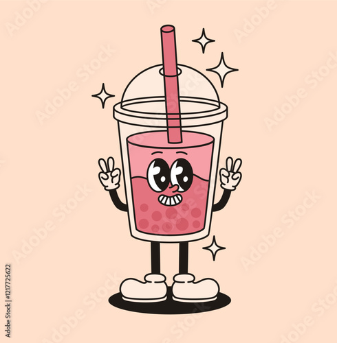 Groovy cute retro character bubble tea. Flat vector illustration.