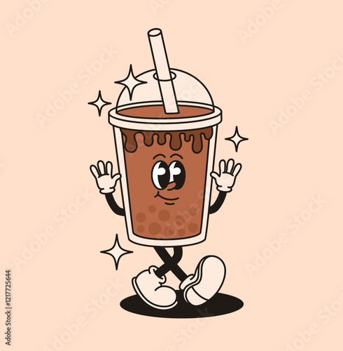 Groovy character drink bubble milk tea. Flat vector illustration.