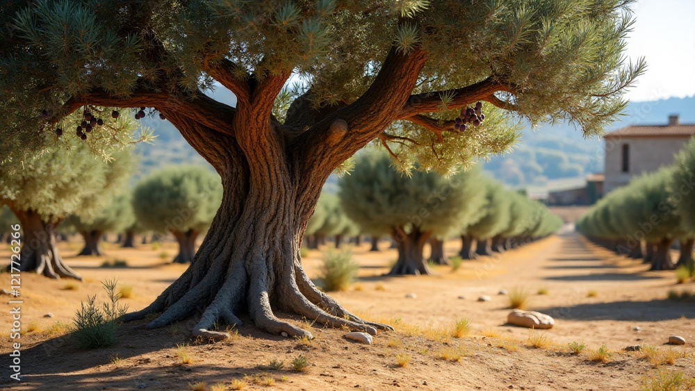A gnarled olive tree with silver-green leaves and ripe olives, set in a sunlit Mediterranean grove with a rustic farmhouse in the background. A gnarled olive tree with silver-green leaves and ripe olives, set in a sunlit Mediterranean grove with a rustic farmhouse in the background.