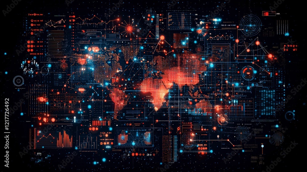 Fototapeta premium A vibrant digital world map overlaid with data visualizations, glowing elements, and futuristic graphics in a dark background.