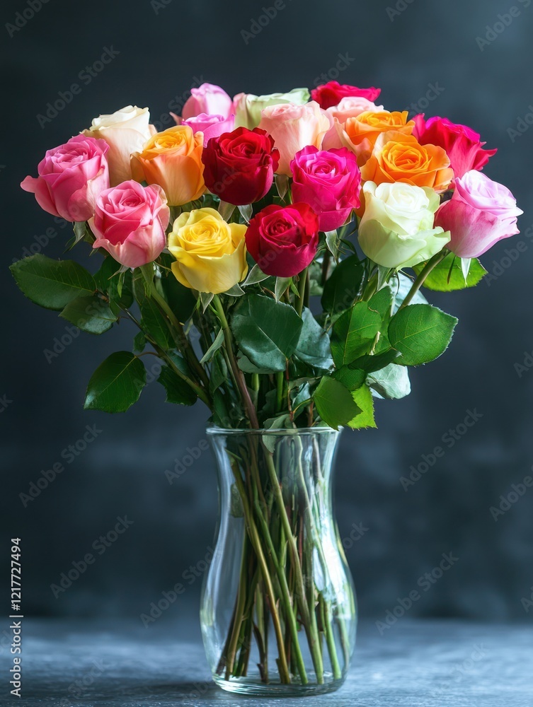 Fototapeta premium Colorful rose bouquet in glass vase, dark background