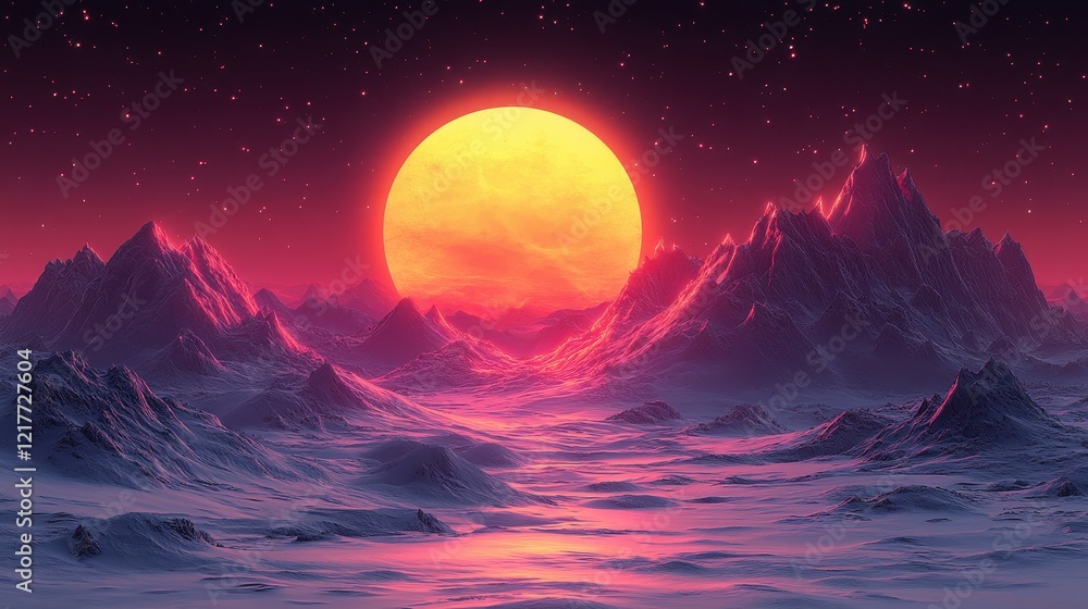 Obraz premium A vibrant sunset over a surreal mountainous landscape with a glowing sun.