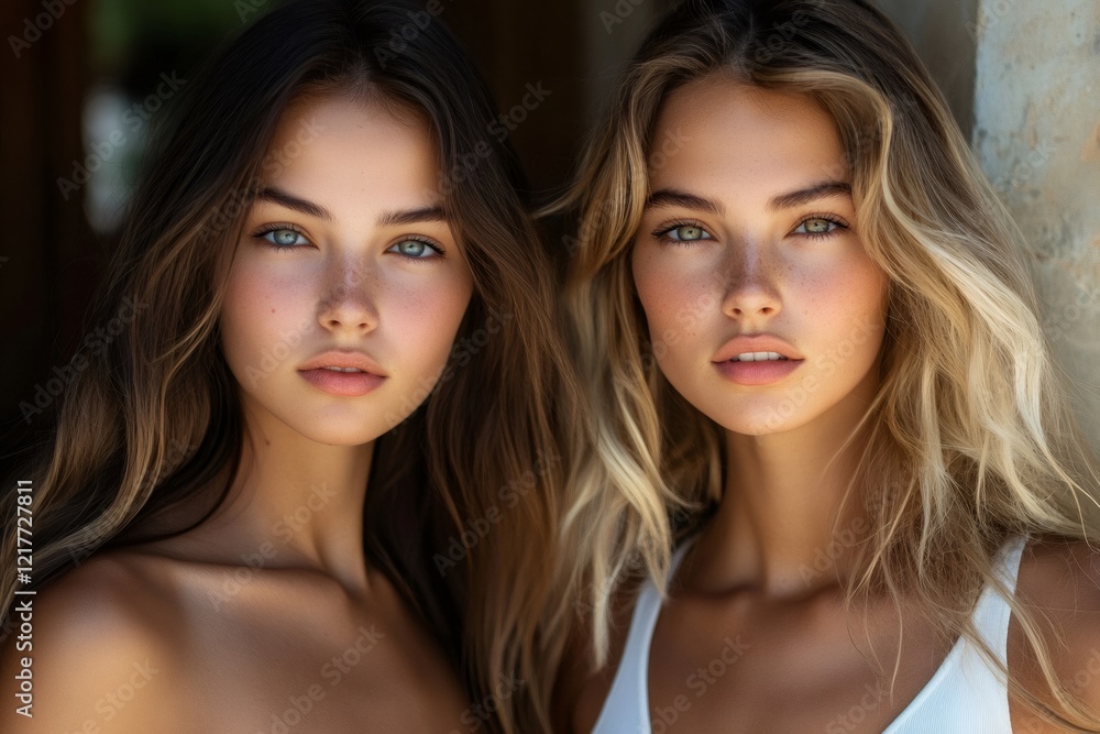Two beautiful twin sisters models posing together with long wavy hair Two beautiful twin sisters models posing together with long wavy hair
