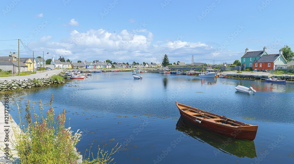 Fototapeta premium Coastal village harbor, boat, sunny day, Ireland, calm water