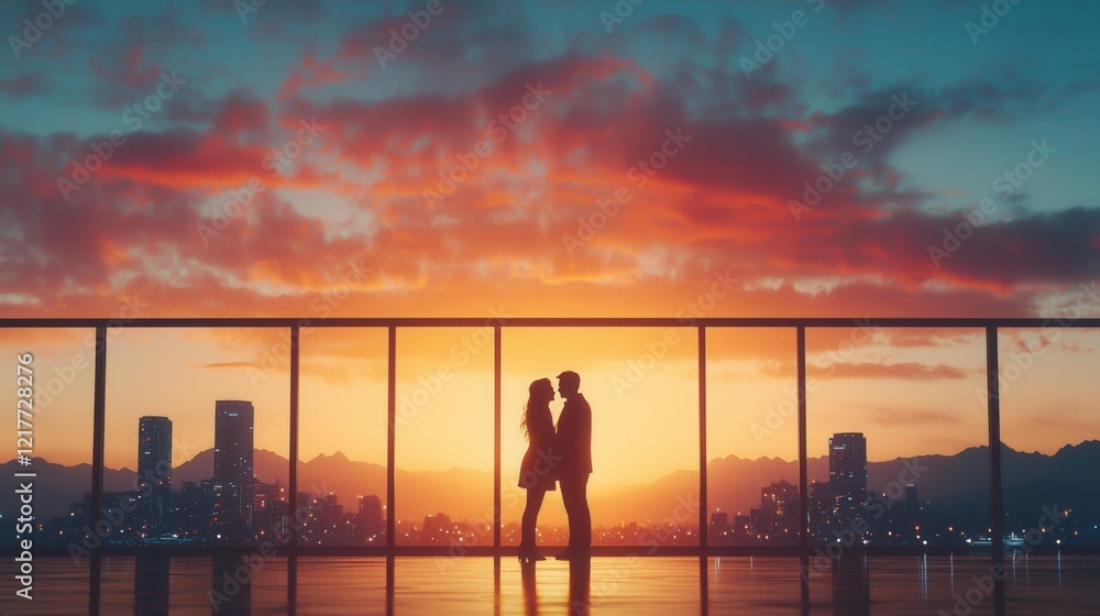 Fototapeta premium Silhouette of a couple embracing at sunset, overlooking a city skyline, with vibrant orange and blue hues in the sky.