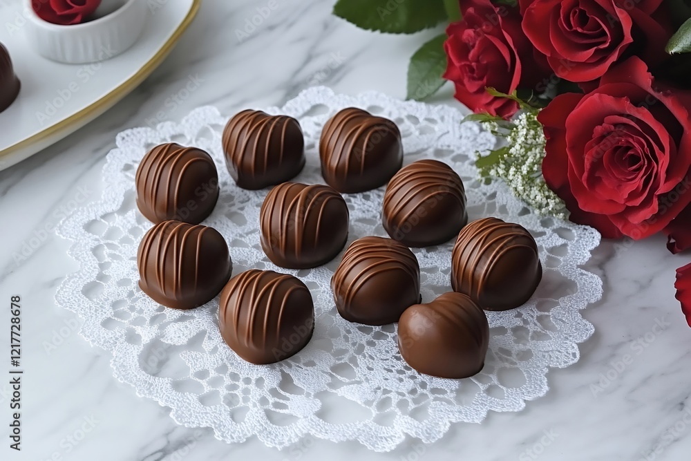 Heart shaped milk chocolates lying on a white doily with red roses nearby Heart shaped milk chocolates lying on a white doily with red roses nearby