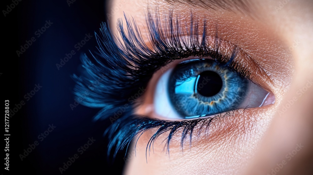 Fototapeta premium Close-up eye, blue iris, long lashes, dark background, beauty
