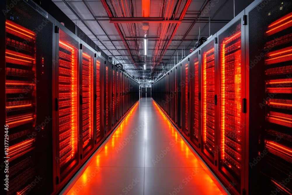 Fototapeta premium Server Room with Red Lights illuminating Corridor in Data Center
