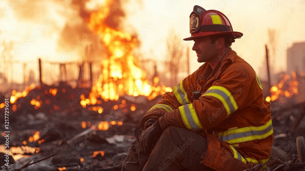 A firefighter sits amidst a devastating fire, reflecting on the destruction around him as flames engulf the landscape. A firefighter sits amidst a devastating fire, reflecting on the destruction around him as flames engulf the landscape.