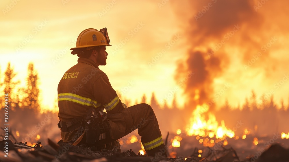 A firefighter sits contemplatively against a dramatic orange sunset, with flames and smoke rising in the background. A firefighter sits contemplatively against a dramatic orange sunset, with flames and smoke rising in the background.