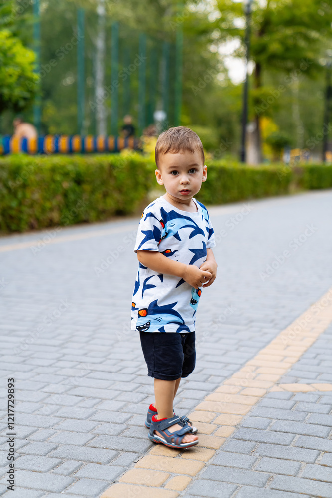 Child playing in park on a sunny day. A young child stands on the path in a park, looking curiously while wearing a colorful shirt and shorts. Child playing in park on a sunny day. A young child stands on the path in a park, looking curiously while wearing a colorful shirt and shorts.
