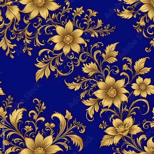 Royal blue background with golden floral designs 